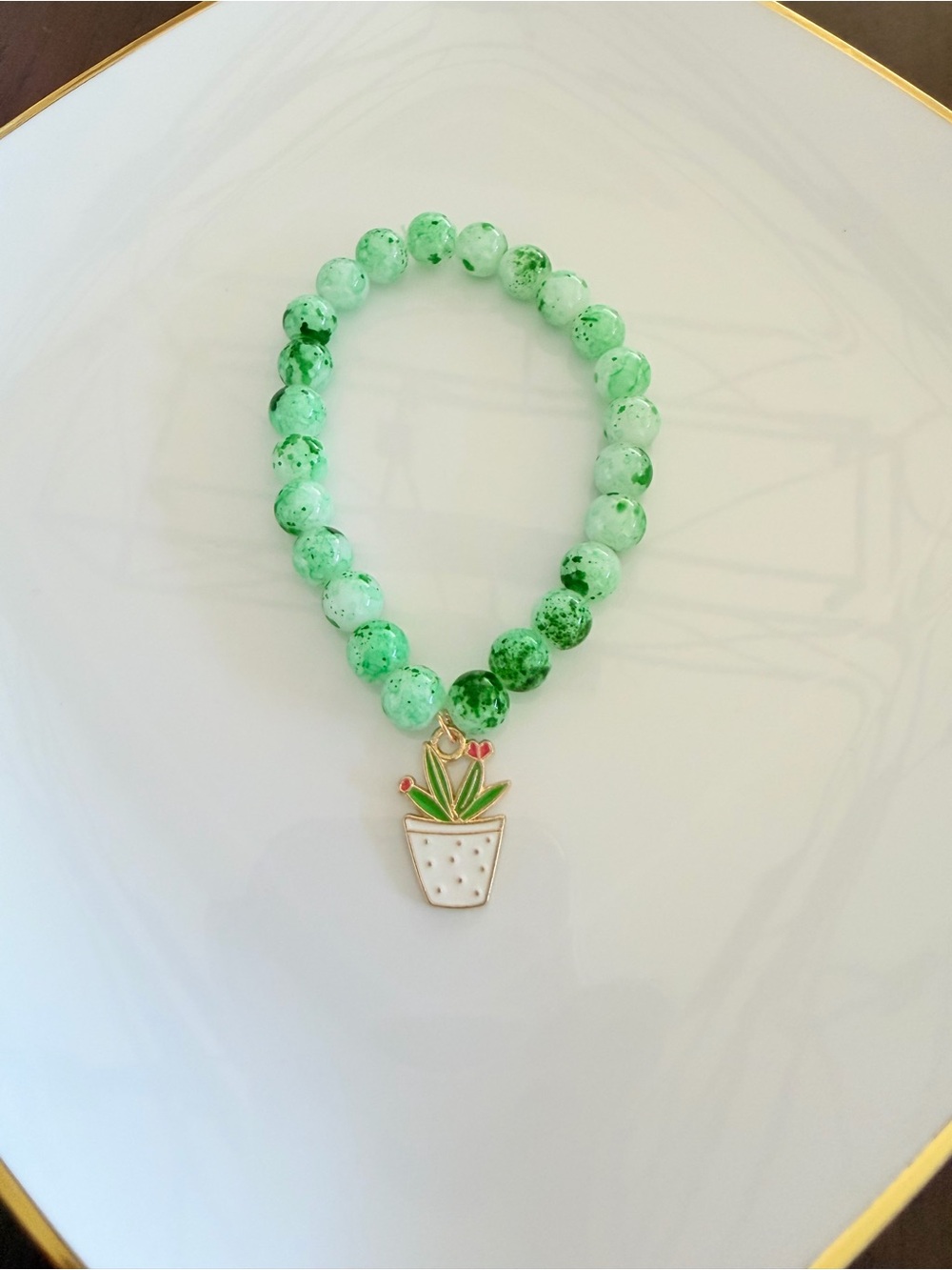 Green Beaded Plant Charm Bracelet Handmade Floral Jewelry